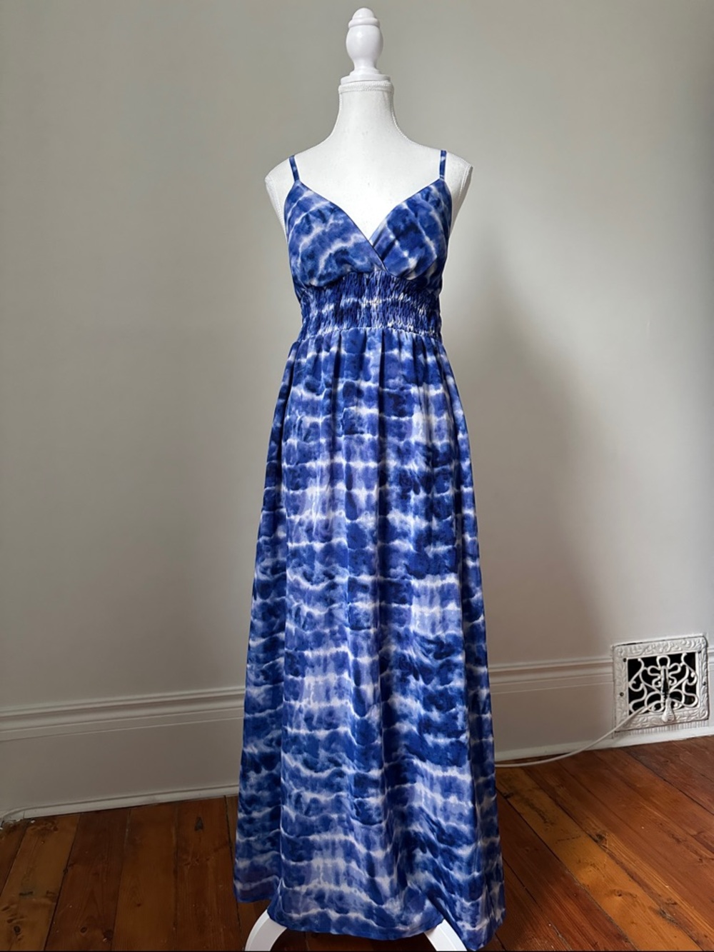 SUZY SHIER Y2K Blue & White Strappy Beachy Summer Vacation Maxi Dress Size Small